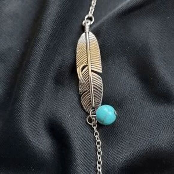 BOHO FEATHER AND TURQUOISE HANGING CHARM BOHO ANKLET - Picture 5 of 5
